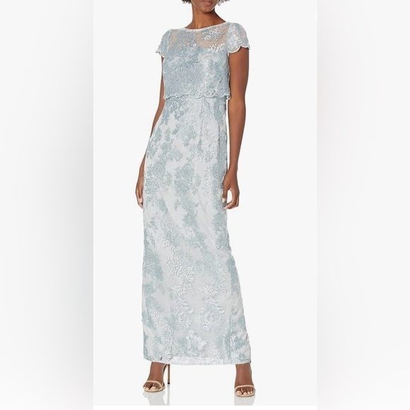 NWT Adriana Papell Embroidered Mesh Popover Gown Mist - Picture 1 of 11